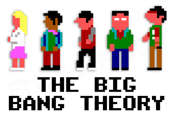 Imagen de los personajes de Big Bang Theory en 8 bits: Sheldon, Leonard, Howard, Rajesh y Penny.