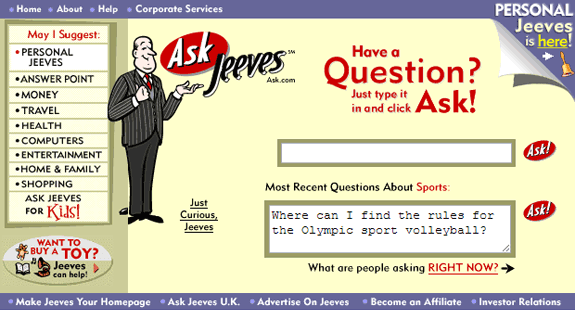 Buscadores de Internet de los 90: Ask jeeves 1999