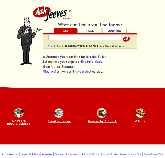Buscadores de Internet de los 90: Ask jeeves 2002
