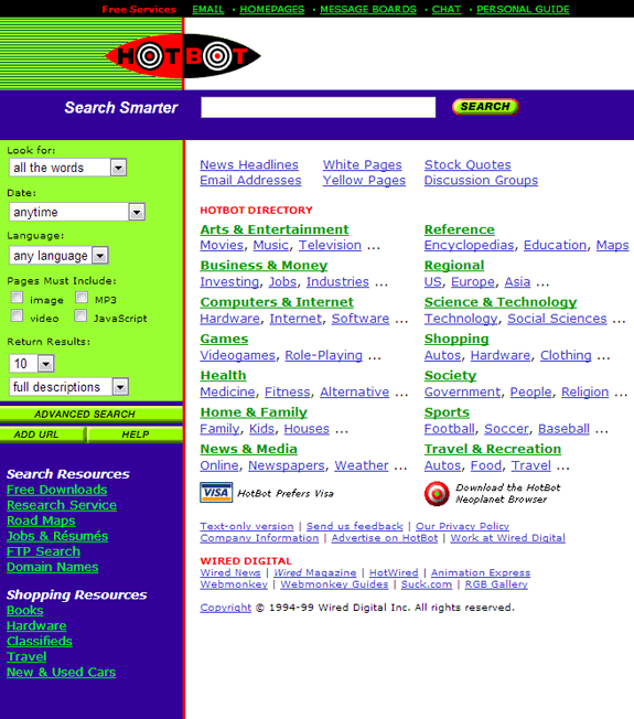 Buscadores de Internet de los 90: Hotbot 1999