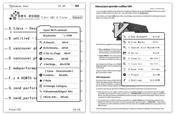 Menús contextuales del sistema operativo alternativo para Kindle, Duokan