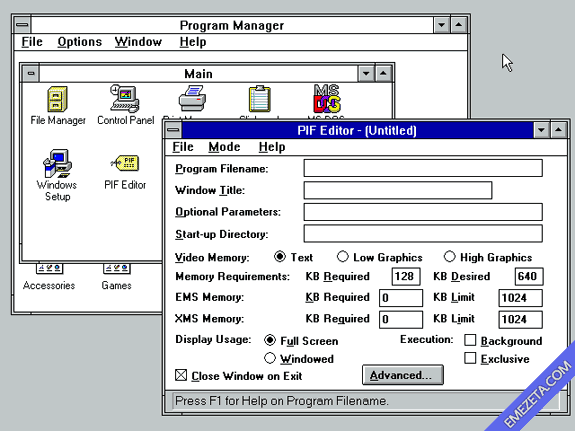 Editor de archivos PIF para Windows 3.11
