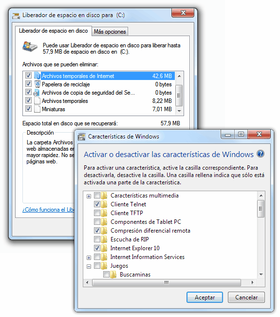 Liberar espacio en disco (cleanmgr) y Activar o desactivar características de Windows