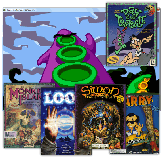 Juegos compatibles para ScummVM: Monkey Island, LOOM, Simon the Sorcerer, Leisure Larry, Dat of the Tentacle...