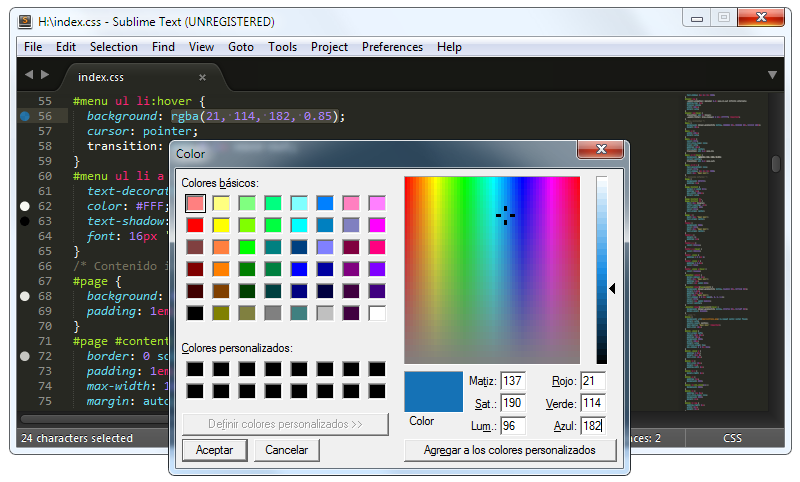 ColorPicker: Elegir colores CSS en Sublime Text