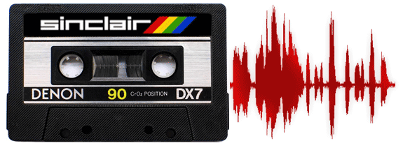 Cinta de cassette de la época del Spectrum ZX. Al lado, una onda de sonido (waveform).