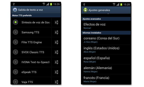 Ajustes de la salida de texto a voz: Motor o Engine TTS para Android
