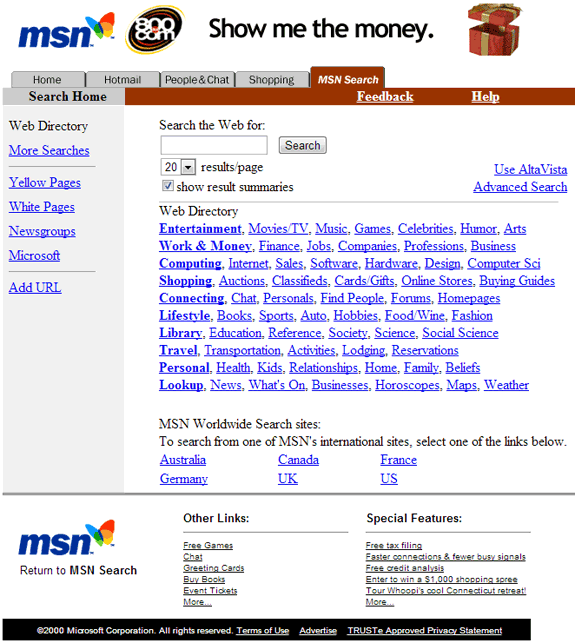 Buscadores de Internet de los 90: Search msn 2000