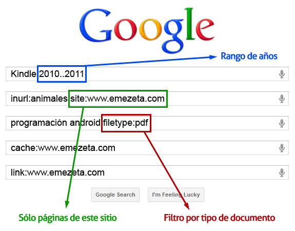 Filtros de búsquedas: rango de años, páginas de un sitio, tipo de documento, etc...