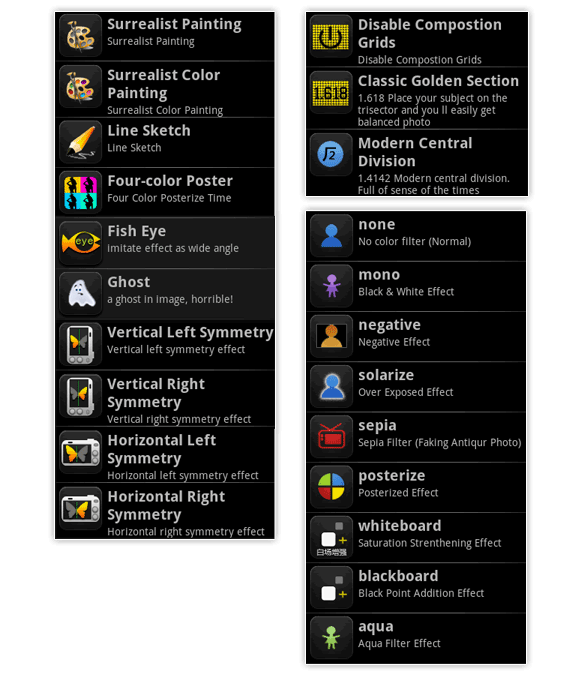 camera360 android menu opciones