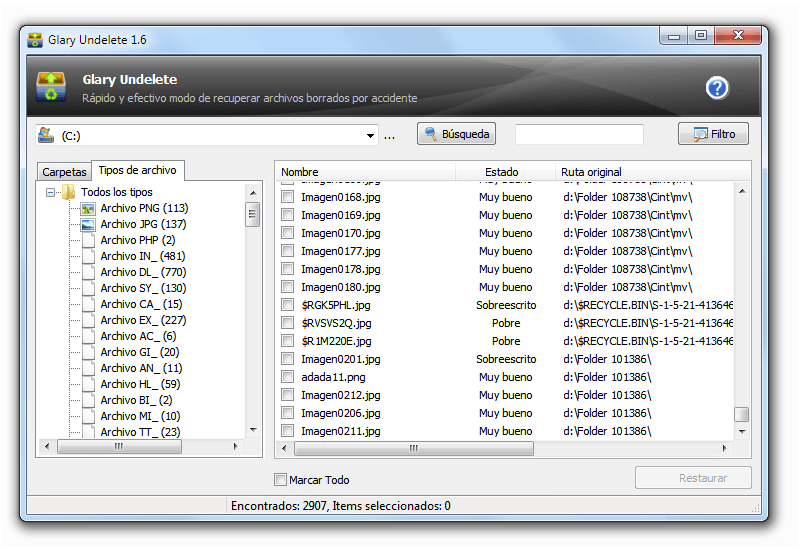 Recuperación de datos: Captura de pantalla de Glary Undelete