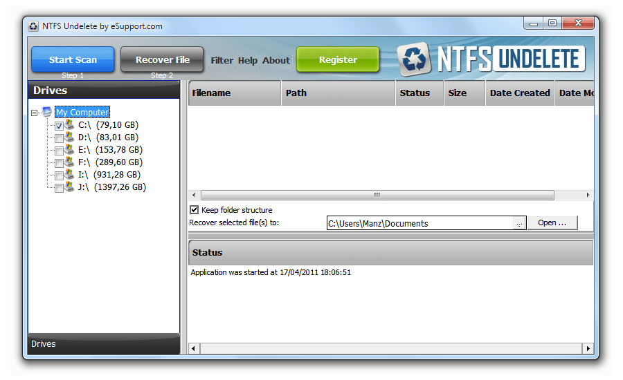 Recuperación de datos: Captura de pantalla de NTFS Undelete