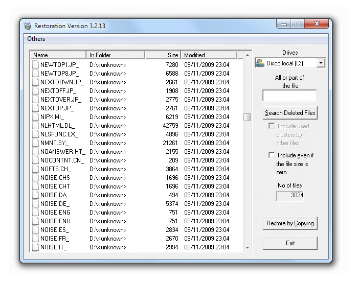 Recuperación de datos: Captura de pantalla de Restoration